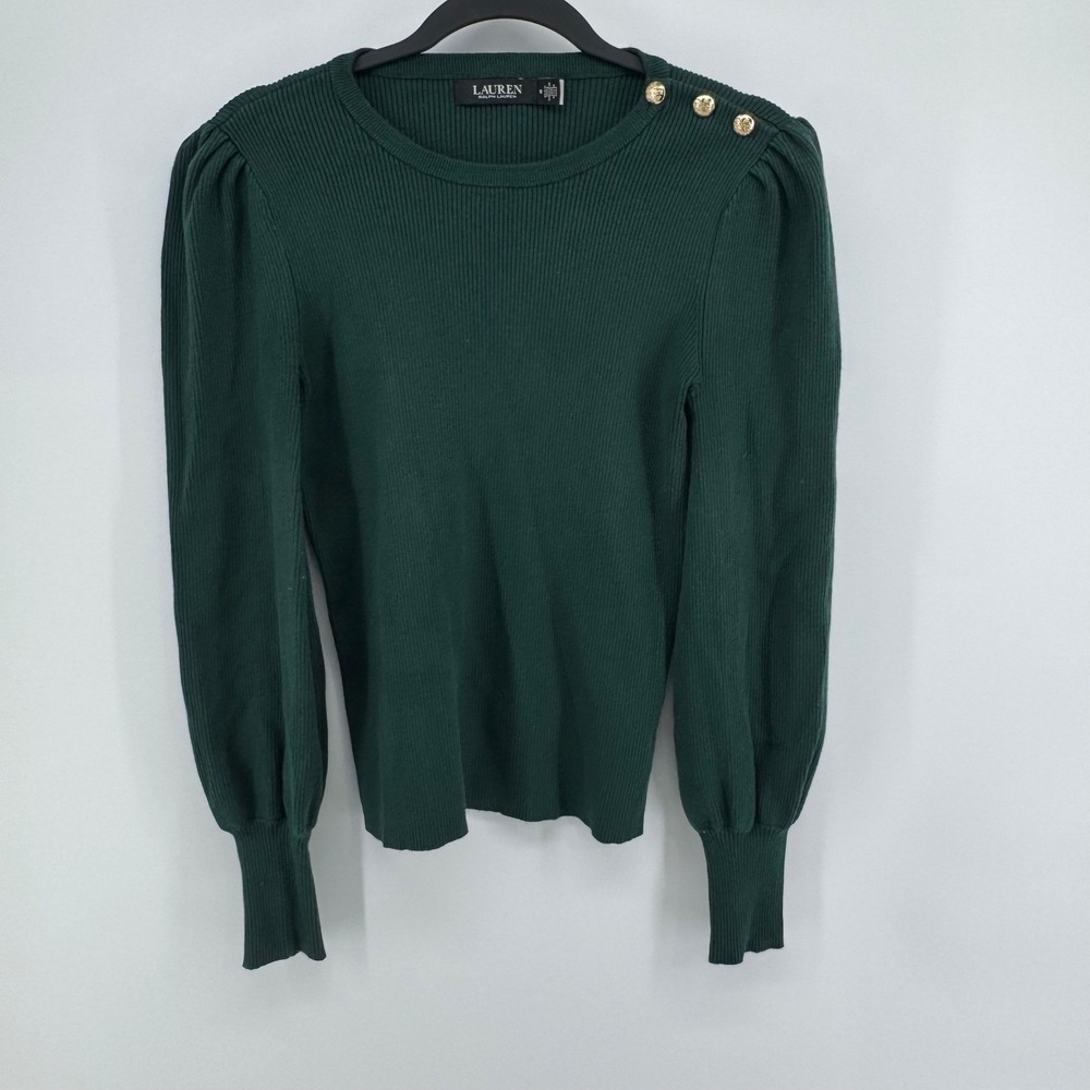 Lauren Ralph Lauren Top Medium Ribbed Knit Slim Puff Sleeve Gold Button Preppy